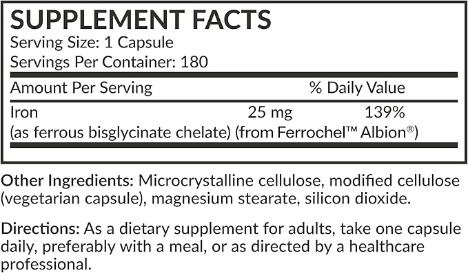 Futurebiotics Iron Bisglycinate 25mg Gentle on The Stomach, Supports Energy & Healthy Red Blood Cell Production - Non-Constipating Formula - Non GMO, 180 Vegetarian Capsules