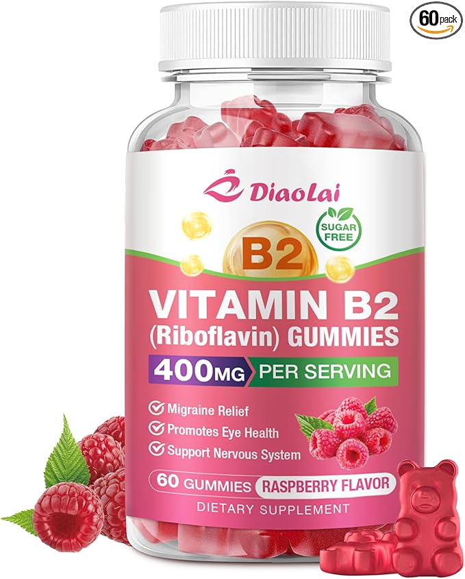 Vitamin B2 Gummies Riboflavin 400mg Supplement with Magnesium for Kids & Adults, B2 Gummies for Migraine Relief & Nervous System Support, Vegan, Raspberry Flavor, 60 Count