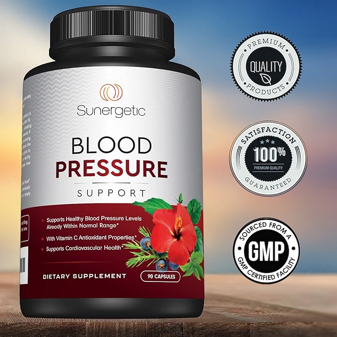 Sunergetic Premium Blood Pressure Support Supplement for Cardiovascular & Heart Health with Garlic, Hawthorn & Hibiscus (90 Capsules)