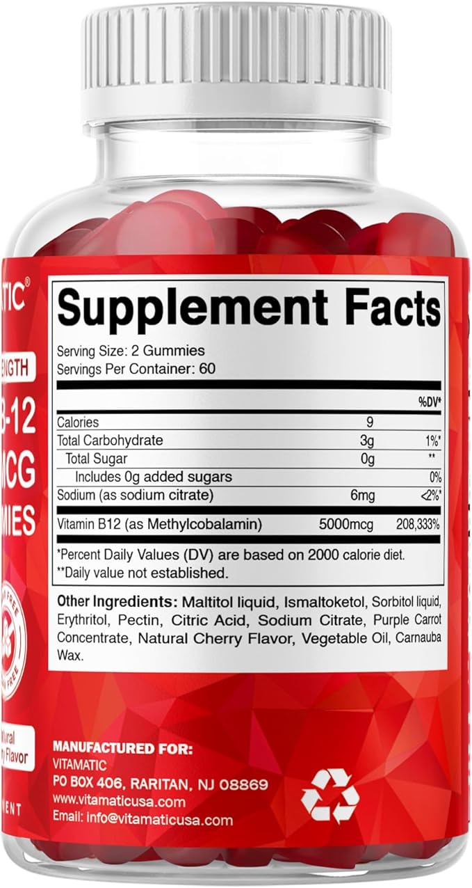 Vitamatic Extra Strength Vitamin B12 5000 mcg (Methyl B12) Gummies - 120 Count - Energy Metabolism Support and Nervous System Health Support, Natural Cherry Flavored (1)