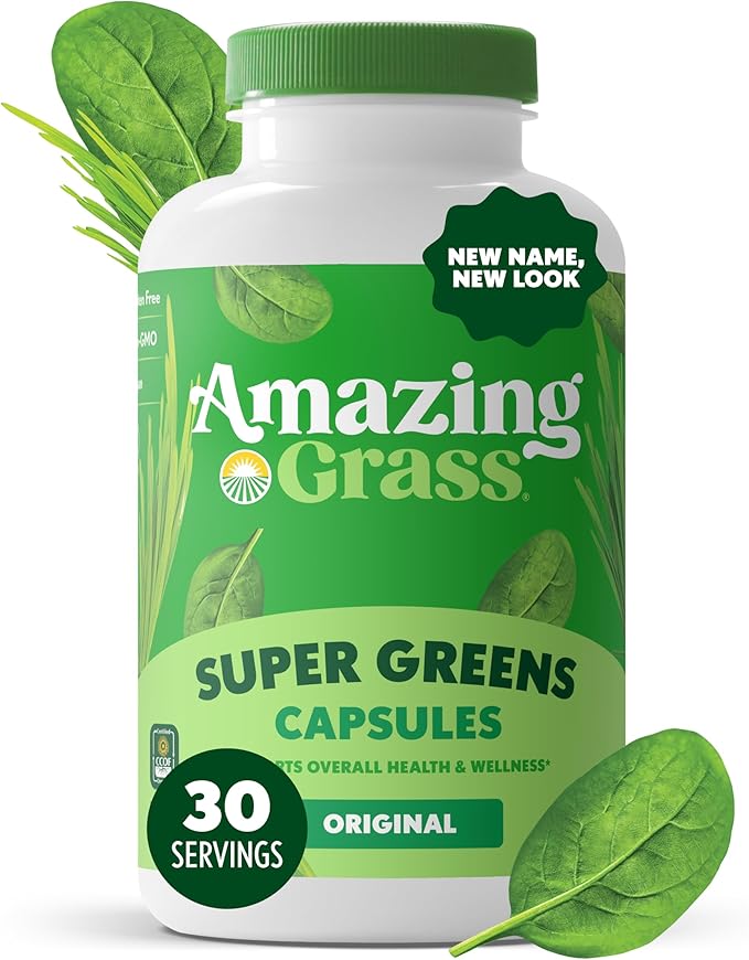 Amazing Grass Greens Blend Superfood Capsules: Super Greens with Organic Spirulina, Chlorella, Beet Root Powder, Digestive Enzymes & Probiotics, 150 Capsules (Packaging May Vary)