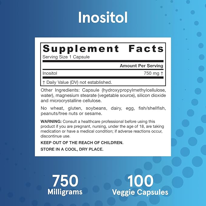 Jarrow Formulas® Inositol 750 mg, Dietary Supplement, Liver Support for Cellular Health and General Wellness, 100 Veggie Capsules, Up to a 100 Day Supply