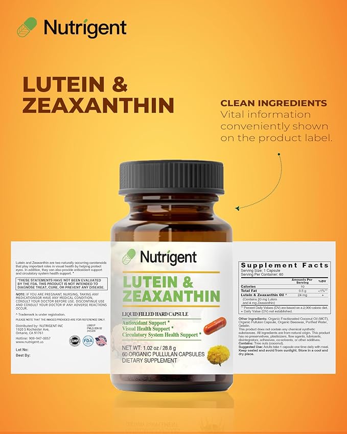 Lutein 20 mg with Zeaxanthin, Liquid Filled Organic Capsules, Eye Health Supplements, Support Vision Health, Gluten Free, Soy Free (60ct)