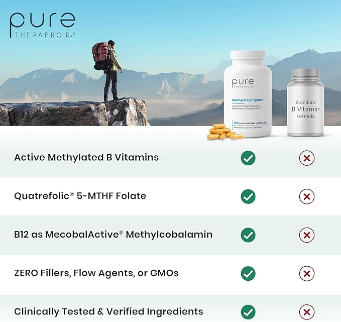 Pure Therapro Rx Methylated B Complex Vitamins Made in USA, 4 Month Supply | Methyl B Complete Quatrefolic 5-MTHF Folate, B12 Methylcobalamin, TMG Trimethylglycine, Methylfolate | Pharm Grade