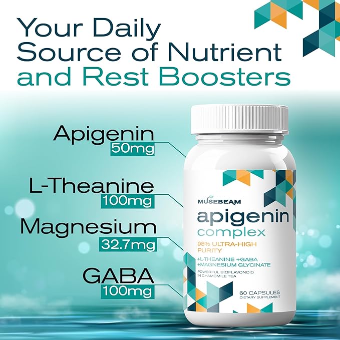 Apigenin Supplement for Rest and Relaxation Support - 50mg Apigenin per Capsule with Magnesium Glycinate 275mg L-Theanine 100mg GABA 100mg - 98% Ultra-High Purity
