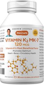 ANDREW LESSMAN Vitamin K2 MK7 120 mcg 30 Softgels - Essential for Healthy Calcium Utilization, Promotes Optimum Skeletal, Heart and Arterial Health. No Additives. Small Easy to Swallow Softgels