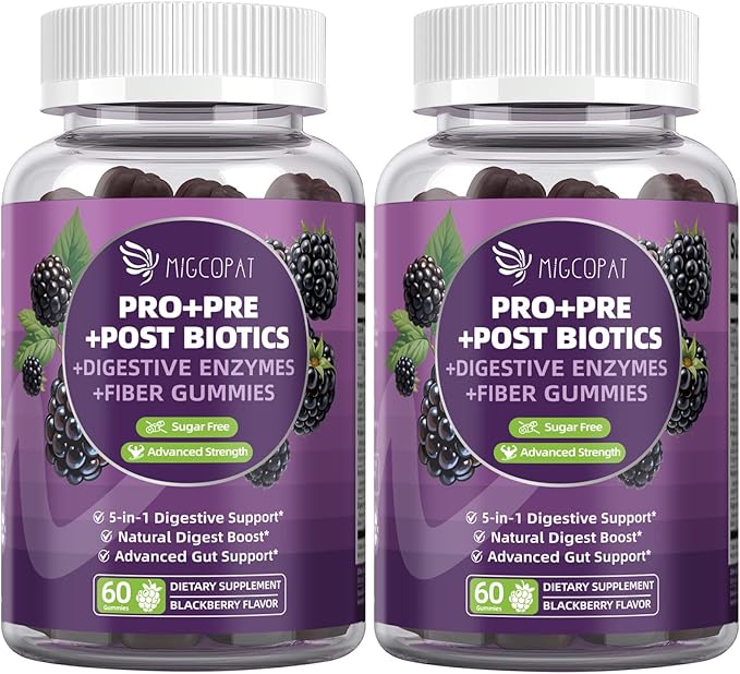 Migcopat Pre Post Probiotics Gummies, Probiotic Prebiotic Postbiotic Digestive Enzymes with Fiber, 120 Billion CFU Probiotics for Gut Health, Sugar Free, Vegan, BlackBerry Flavor, 120 Cts