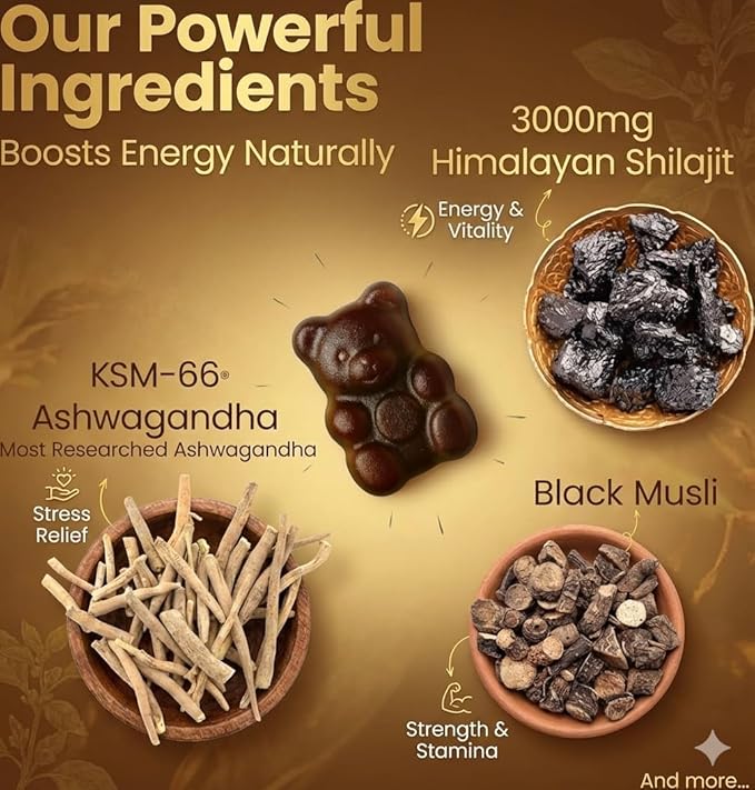 Pure Himalayan Shilajit Gummies 3000 mg with KSM-66 Ashwagandha, Ginseng & Mucuna Pruriens 78% Fulvic Acid & 85 Trace Minerals Energy, Stamina & Wellness Support 60 Gummies