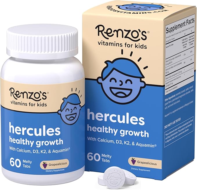 Renzo's Hercules Healthy Growth Calcium Supplement with Vitamin D3, K2 & Aquamin - Vitamins for Kids Height, Ages 2+, Dissolvable, 60 Grape-Flavored Melty Tabs