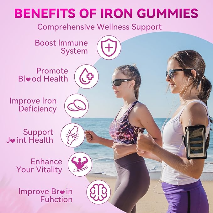 Iron Supplement Gummies for Women & Men, Vegan Iron Gummies with Vitamin C, A, B-Complex, Folate, Zinc for Blood Building & Energy Support, Strawberry Flavor, 60 Count