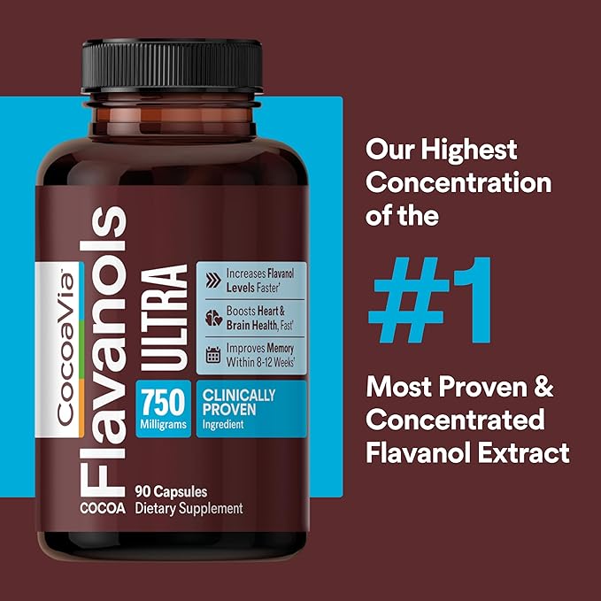 CocoaVia Ultra 750mg Cocoa Flavanols – Heart & Brain Support, Memory & Blood Circulation Booster, High Flavanol Cocoa for Nitric Oxide, Energy & Oxygen Boost, Vegan, Gluten-Free, 30-Day Supply