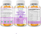 Saffron Gummies for Adult Kids, 10-IN-1 Cortisol Support Supplement with Saffron 88.5mg, Vitamin D3, B6, Magnesium, Zinc, Ashwagandha, L-Theanine, St. John's Wort, For Emotions, Slumber, 60 Count
