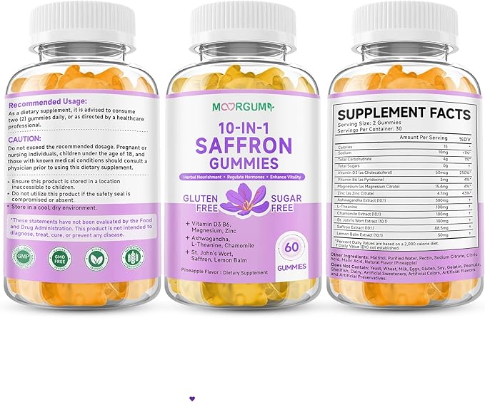 Saffron Gummies for Adult Kids, 10-IN-1 Cortisol Support Supplement with Saffron 88.5mg, Vitamin D3, B6, Magnesium, Zinc, Ashwagandha, L-Theanine, St. John's Wort, For Emotions, Slumber, 60 Count