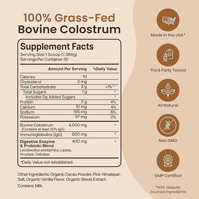 Organic Chocolate 4000mg Grass Fed Bovine Colostrum Powder + Probiotics Colostrum Supplement for Kids & Adults with Immunoglobulins (220.98 Grams)