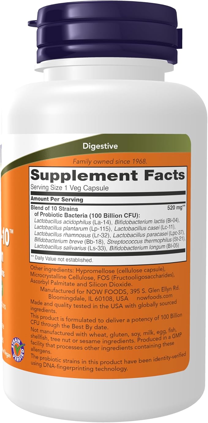 NOW Foods Supplements,Probiotic-10™,100 Billion,with 10 Probiotic Strains,Dairy,Soy and Gluten Free,Strain Verified,60 Veg Capsules,(Pack of 2)