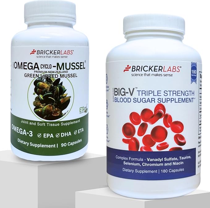 Bricker Labs Joint Comfort and Sugar Balance | Omega Cyclo Mussel for Joint Health + Big-V Triple Strength Vanadyl for Blood Sugar Support