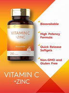 Carlyle Vitamin C with Zinc | 250 Softgels | Bioavailable | Ascorbic Acid | Zinc Oxide | Non-GMO and Gluten Free Supplement