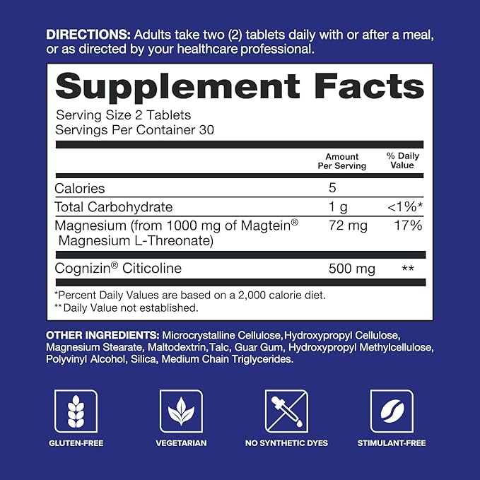 Qunol Brain Health Memory Plus, Magnesium L-Threonate & Citicoline, Clinically Tested Ingredients to Improve Memory, Focus, Attention and Productivity, 60 Count (Pack of 1)