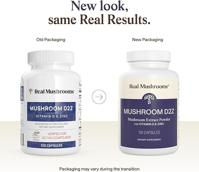 Real Mushrooms Zinc and Vitamin D2 Capsules – with Organic Chaga and Reishi Mushroom Extracts – Vitamins for Overall Wellness Support – Vegan, Non-GMO, Gluten-Free – 120 Count Mushroom Supplement