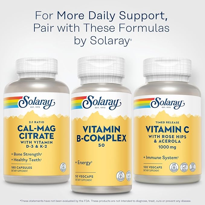 SOLARAY Vitamin B Complex 50 mg - Cellular Energy Vitamins - Metabolism and Nerve Health Support with Vitamin B12, Vitamin B1, B6, Niacin, Folic Acid, Biotin and Other B Vitamins - Vegan, 50 VegCaps