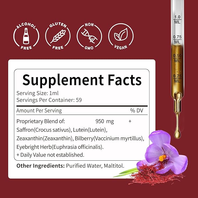 Saffron Extract Drops for Eye Health, 5-in-1 Herbal Supplement Liquid Tincture for Healthy Vision & Dry Eye Support with Bilberry Lutein Zeaxanthin. 2 oz
