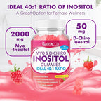 Myo-Inositol & D-Chiro Inositol Gummies, 40:1 Ratio Inositol with Vitamin D3, Magnesium Glycinate, Folate & Zinc, Inositol Supplement for Female Health, Raspberry Flavor, 60 Count