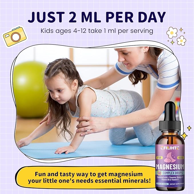Kids Magnesium Liquid Drops-Magnesium Glycinate Liquid for Kids Supplement-w/L-theanine, Omega-3, Vitamin B6, D3 - for Sleep, Relaxation, Brain, Bones - Grape Flavor, 4 Fl Oz