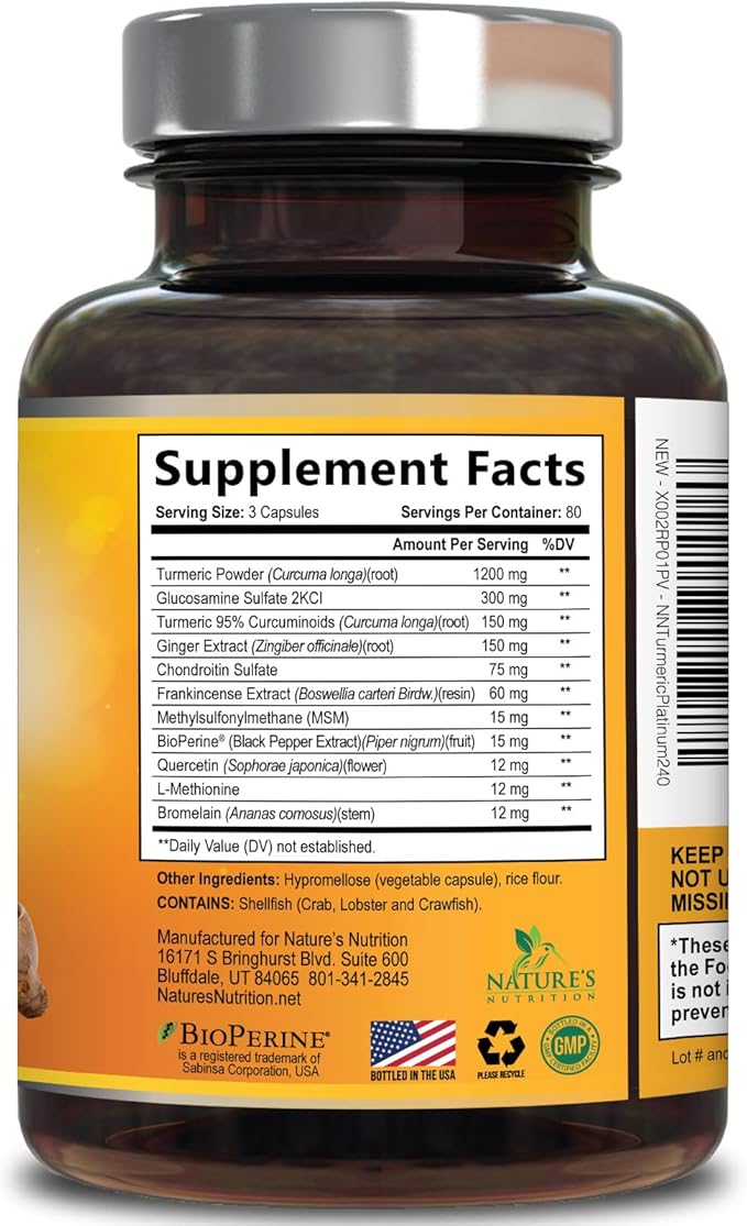 Turmeric Curcumin Supplement - 95% Curcuminoids with Glucosamine, Ginger & MSM, BioPerine Black Pepper Extract for Best Absorption, Natural Vegan Joint Support, Non-GMO, Bottled in USA - 240 Capsules