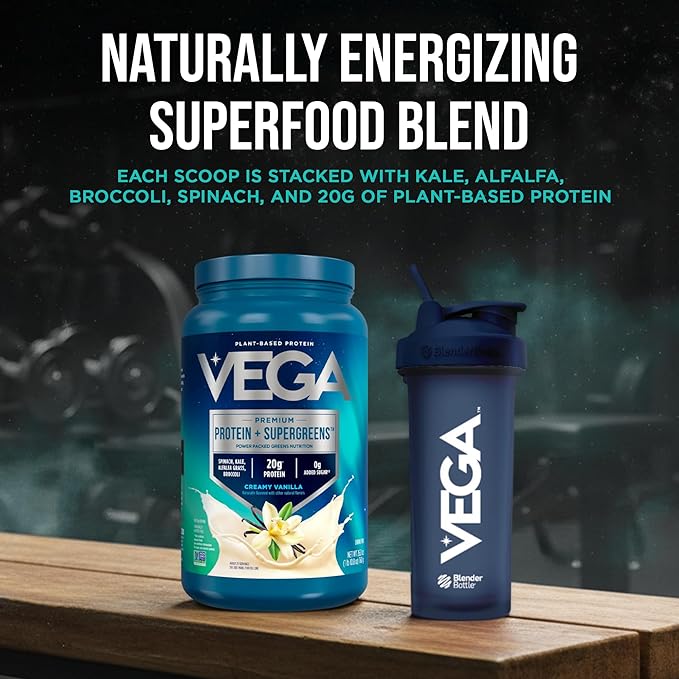 Vega Premium Protein + Supergreens, Creamy Vanilla – 20g Vegan Protein, Dairy & Gluten Free, 26.9 oz (25 Servings)