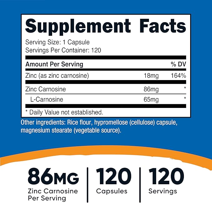 Nutricost Zinc Carnosine 86mg, 120 Capsules - Non-GMO, Gluten Free, Zinc L-Carnosine Supplement (Pack of 2)