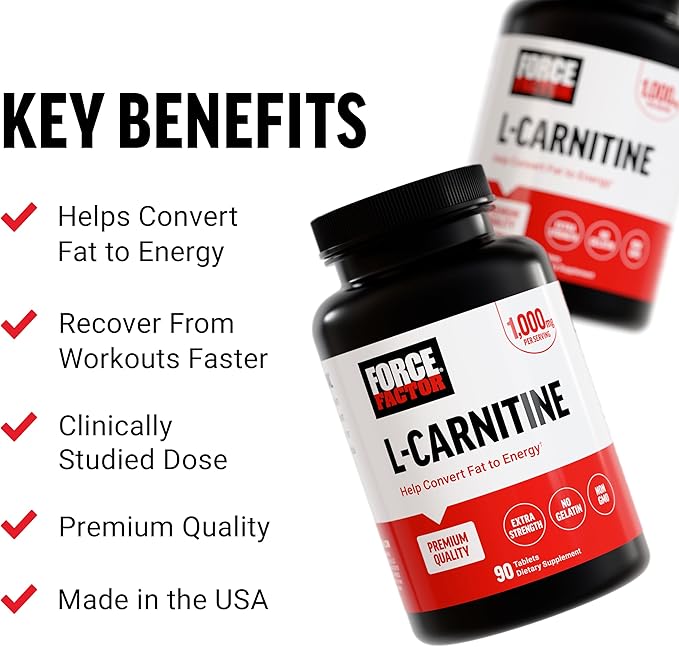 Force Factor L-Carnitine Supplement, L Carnitine Tartrate 1000mg Capsules to Convert Fat Into Energy, Support Muscle Recovery, and Boost Exercise Performance, Vegan, Non-GMO, 90 Tablets
