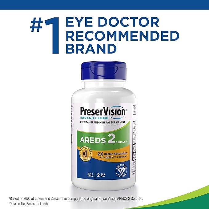 PreserVision AREDS 2 Eye Vitamin & Mineral Supplement with OCUSorb,120 Vegan Soft Gels,Contains Lutein,Zeaxanthin,Vitamin C & E,Zinc,&-Copper,Eye Health Supplements for Adults,(Pack of 2)