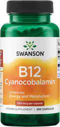 Swanson Vitamin B12 Cyanocobalamin Energy and Nervous System Supplement for Adults Seeking Metabolic and Heart Health Support - 500 mcg (250 Vegan Capsules)