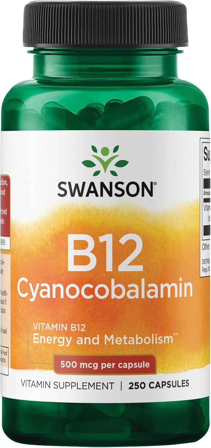 Swanson Vitamin B12 Cyanocobalamin Energy and Nervous System Supplement for Adults Seeking Metabolic and Heart Health Support - 500 mcg (250 Vegan Capsules)