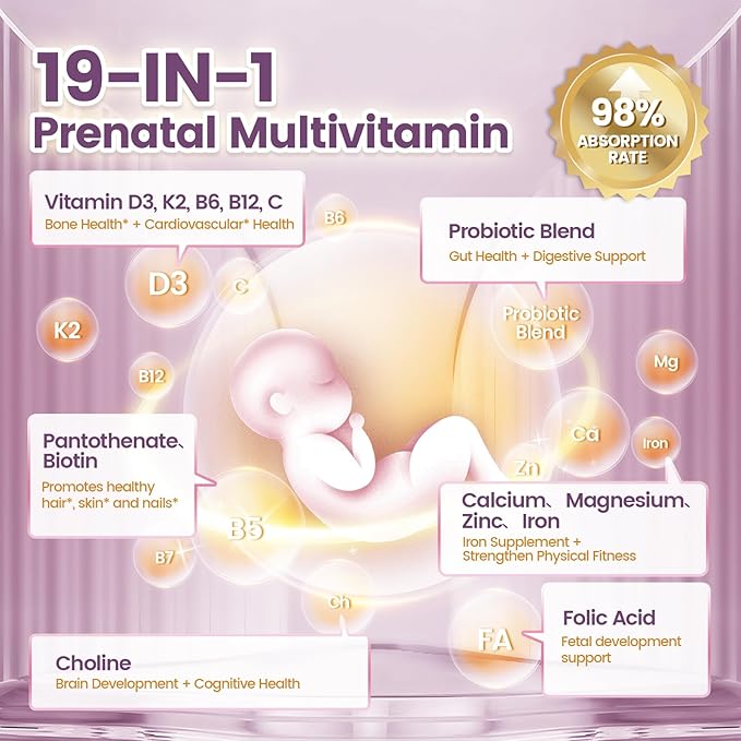 VivoNu 19 in 1 Prenatal Multivitamin, 600 Softgels Prenatal Vitamins, Lemon Flavor, Before, During & Post Pregnancy with Folic Acid, Probiotic, Biotin, Zinc, Vitamin D3, K2, B6, B12, C & More, 2 Bag