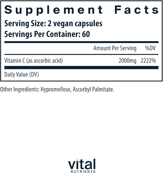 Vital Nutrients Vitamin C 1000mg (100% Pure Ascorbic Acid) - Vegan Antioxidant Supplement for Immune Support and Iron Absorption* - Gluten, Dairy and Soy Free - Non-GMO - 120 Capsules