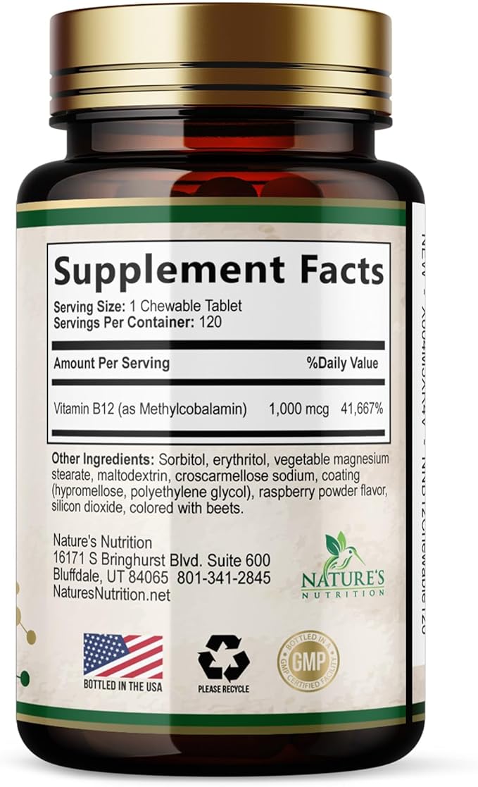 Vitamin B12 - 1000 mcg Per Serving Maximum Strength Methylcobalamin B-12 Chewable Tablet - Energy, Nervous System & Brain Support - Fast Dissolve, Gluten-Free, Non-GMO for Women & Men - 120 Tablets