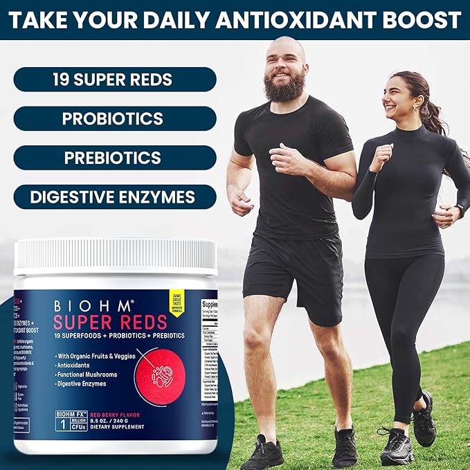 BIOHM Super Reds, Beet Root Powder Antioxidant Smoothie Mix with Tart Cherry Extract and 19 Red Whole Foods Packed with Prebiotics and Probiotics, Non-GMO, Red Berry Flavor, 30 Servings