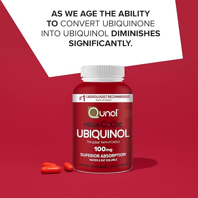 Qunol Ubiquinol CoQ10 100mg Softgels, Qunol Mega Ubiquinol 100mg - Superior Absorption - Active form of Coenzyme Q10 for Heart Health - 2 Month Supply - 60 Count