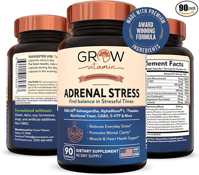 Grow Vitamin Adrenal Stress Advanced Formula, Organic KSM-66 Ashwagandha with AlphaWave L-Theanine, 5-HTP, Magnesium Blend - Everyday Stress Relief, Mood Support, Cognitive, Brain Health, 90 Capsules