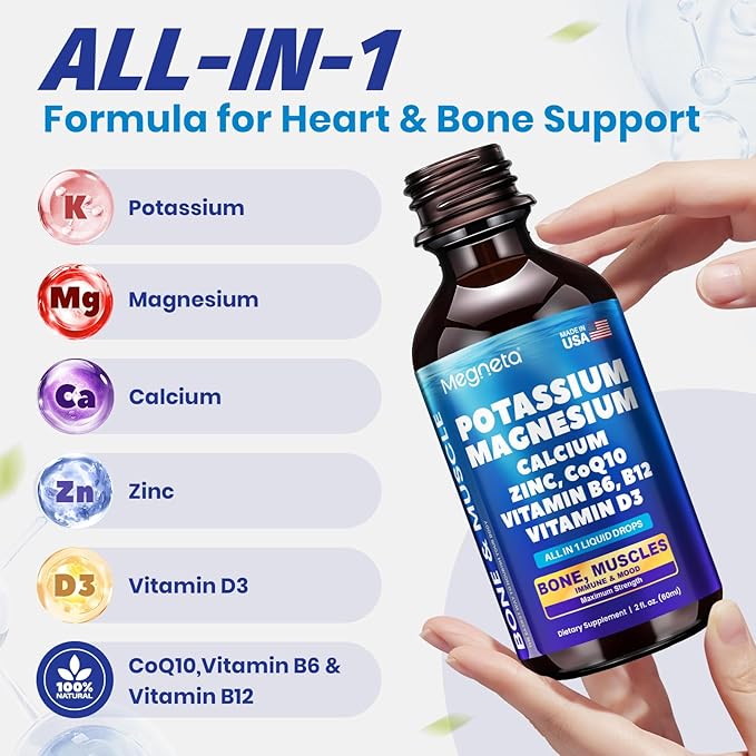 Potassium Magnesium Calcium Zinc Liquid Complex – Chelated Minerals with D3, B6, B12 & CoQ10 for Superior Absorption, Heart, Bone, Muscle, Sleep & Anti-Aging Support, 2 Fl Oz(60ml)