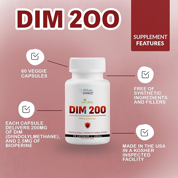 DIM Supplement for Women and Men, DIM 200mg Oral Supplement Hormonal Balance, Hormone Balance for Women and Men, Diindolylmethane Gluten Free Vegetarian Twist Capsules (60 Caps - 2-Month Supply)