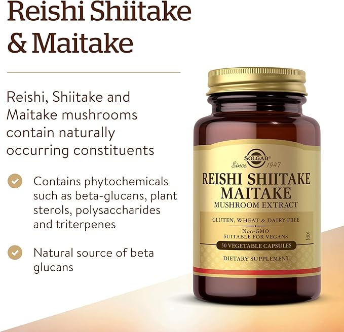 Solgar Multi-Mushroom Complex, 50 Vegetable Capsules - Reishi, Shiitake, Maitake Mushroom Extract - Natural Source of Beta Glucans - Non-GMO, Vegan, Gluten Free, Dairy Free - 50 Servings