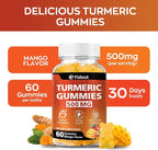 Turmeric Curcumin Gummies, Gummy with 500mg Turmeric Curcumin and Ginger with Black Pepper Extract for High Absorption,Mango Flavor (60 Count（Pack of 2）)