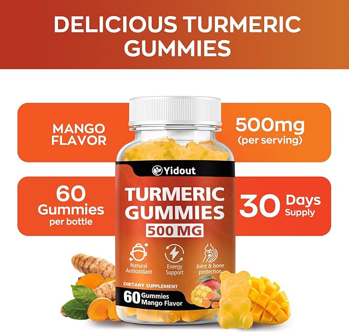 Turmeric Curcumin Gummies, Gummy with 500mg Turmeric Curcumin and Ginger with Black Pepper Extract for High Absorption,Mango Flavor (60 Count（Pack of 1）)