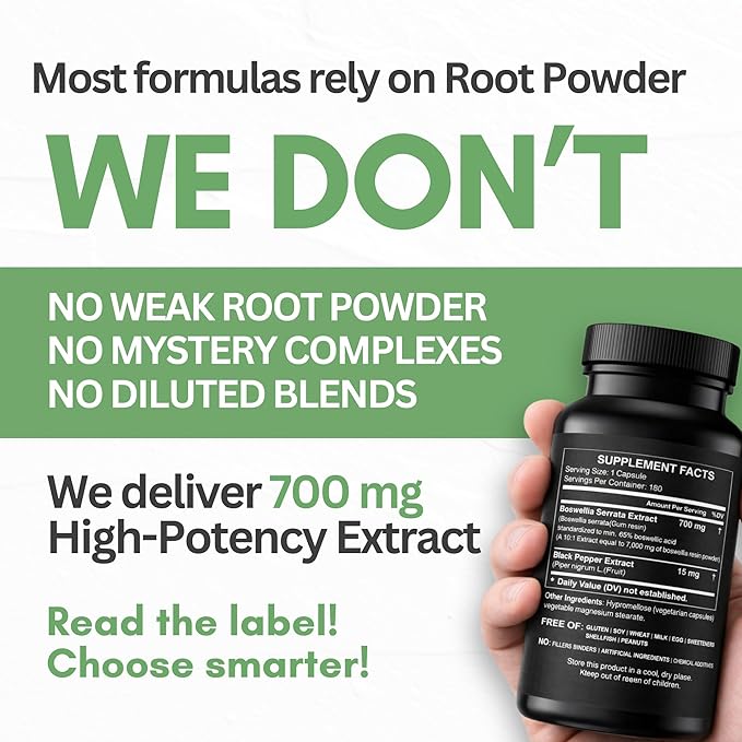 HCL HERBAL CODE LABS Boswellia Serrata Extract Capsules 65% Boswellic Acid 700mg Equal to 7000mg Resin Powder, Extra Strength & Superior Absorption, 6 Month Supply 180 Vegan Capsules Non-GMO