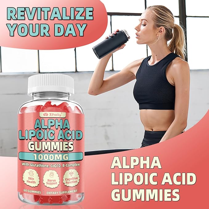 Alpha Lipoic Acid Gummies 1000 MG, High Potency Chewable ALA Supplement with Glutathione, CoQ10, Vitamin B Complex for Antioxidant, Cognitive, Nerve* Support, Sugar-Free, Raspberry Flavor, 60 Counts