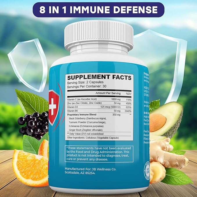 JB Wellness Co Immune Support 8 in 1 Capsules - Zinc Supplement, Vitamin D3, Vitamin C and Elderberry - Immune Booster Supplement with Echinacea, Ginger Root, and Turmeric
