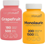 LongLifeNutri Grapefruit Seed Extract 500 mg + Monolaurin 1500 mg Bundle - 180 + 200 Vegetarian Capsules, Daily Energy & Balance, Gut Health & Natural Defense, GMP Certified, Made in USA