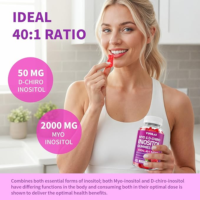 Myo-Inositol & D-Chiro Inositol Gummies, 40:1 Ratio Inositol Supplement with Vitamin D3, Magnesium Glycinate, Folate & Zinc, for Female Health & Wellness, Raspberry Flavor, 60 Count